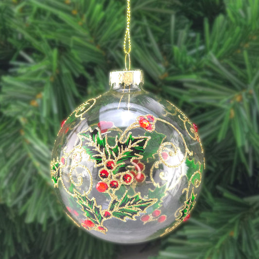 Holly Diamante & Glitter | Glass Christmas Tree Bauble | 8cm | Gisela Graham