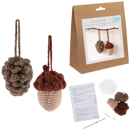 Pinecone & Acorn Ornaments | Complete Crochet Craft Kit | Each 8cm Tall