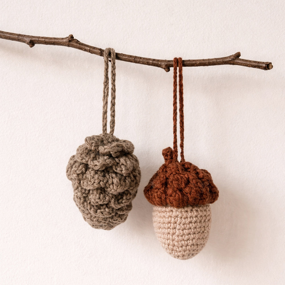 Pinecone & Acorn Ornaments | Complete Crochet Craft Kit | Each 8cm Tall