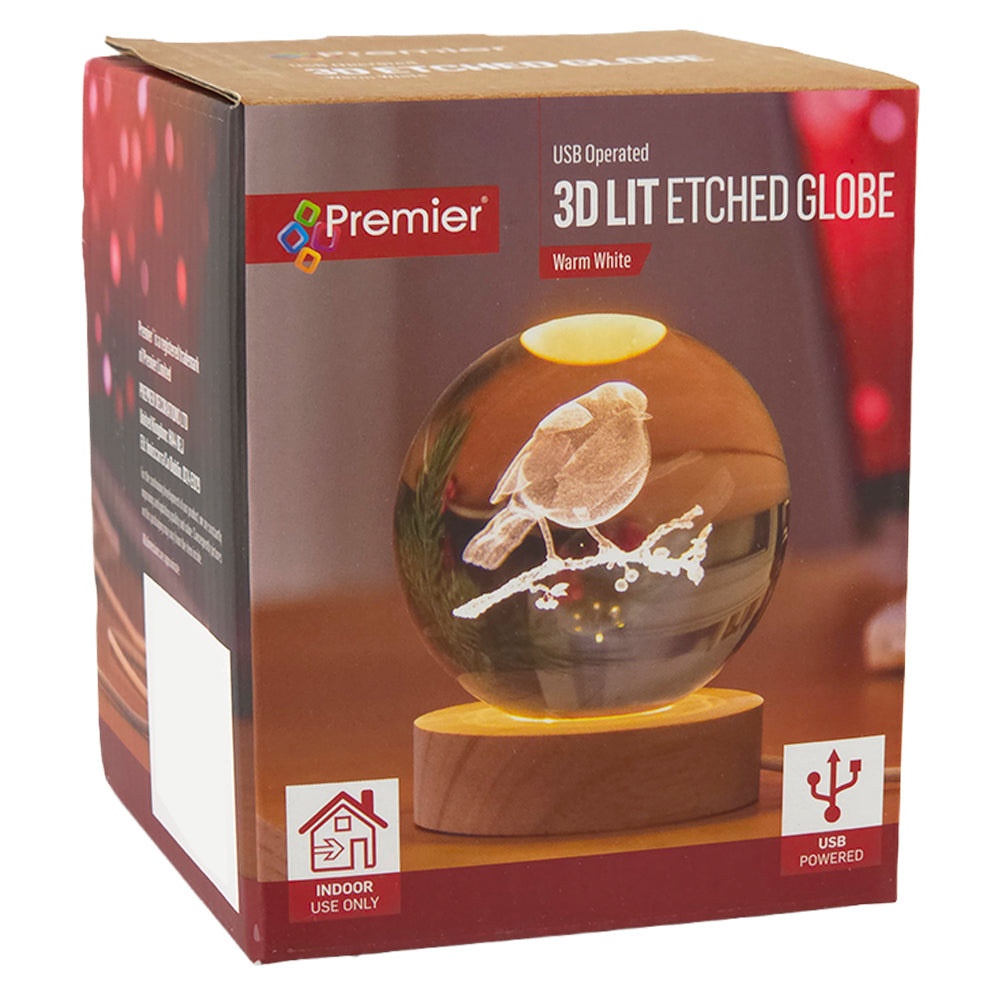 Christmas Robin | Solid Light Up Glass Ball | 8cm & Stand | Home Décor Gift