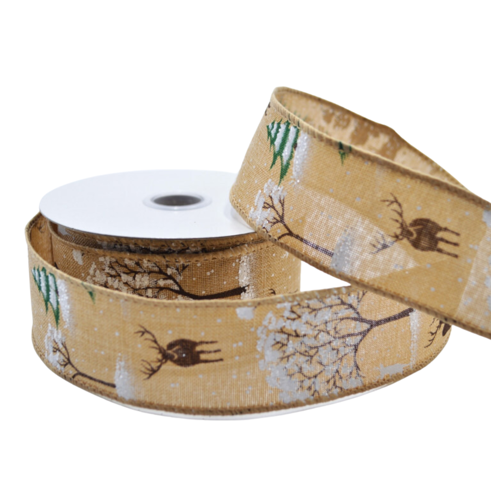 Forest Stag | 38 or 63mm Wide | Wire Edged Hessian & Glitter Christmas Ribbon