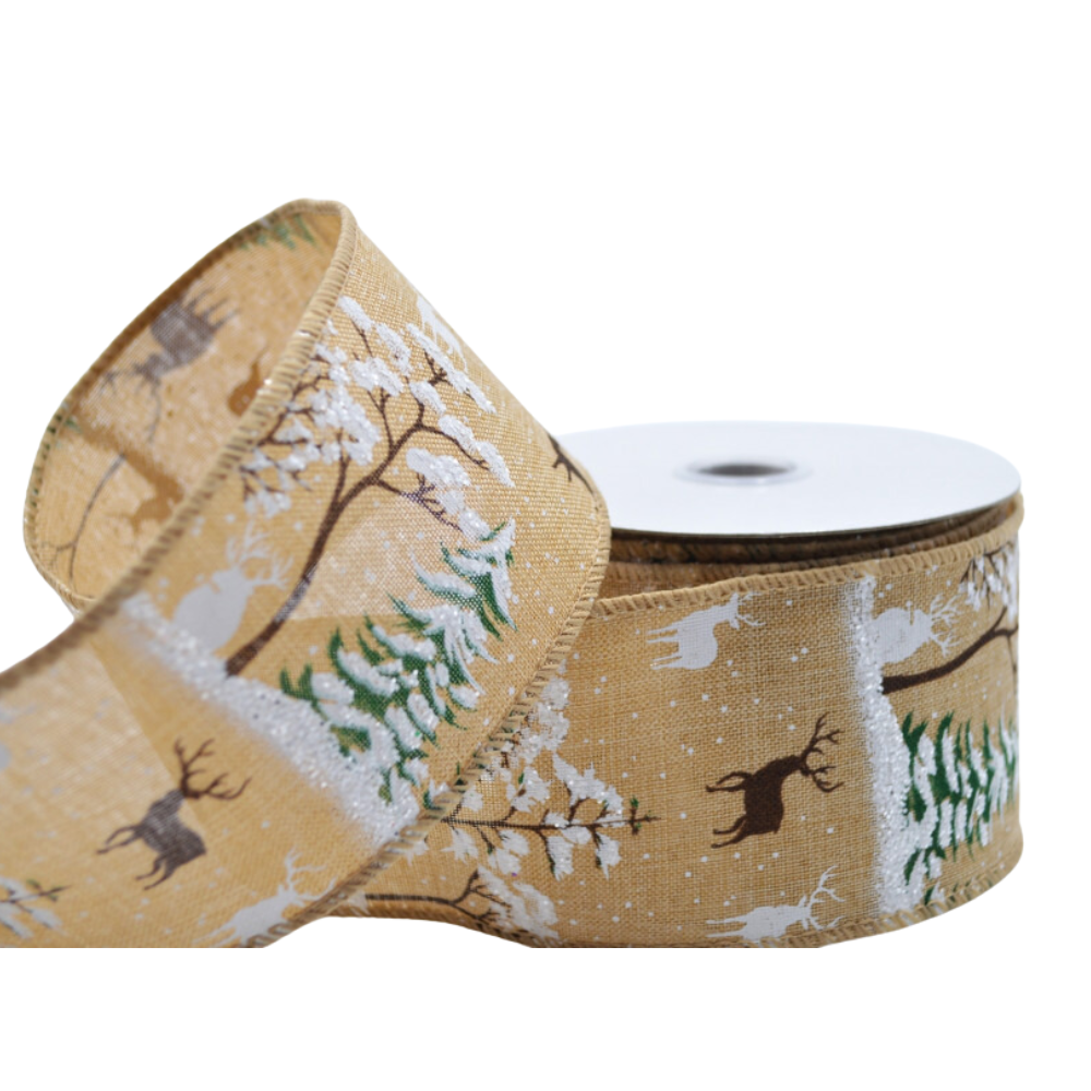 Forest Stag | 38 or 63mm Wide | Wire Edged Hessian & Glitter Christmas Ribbon