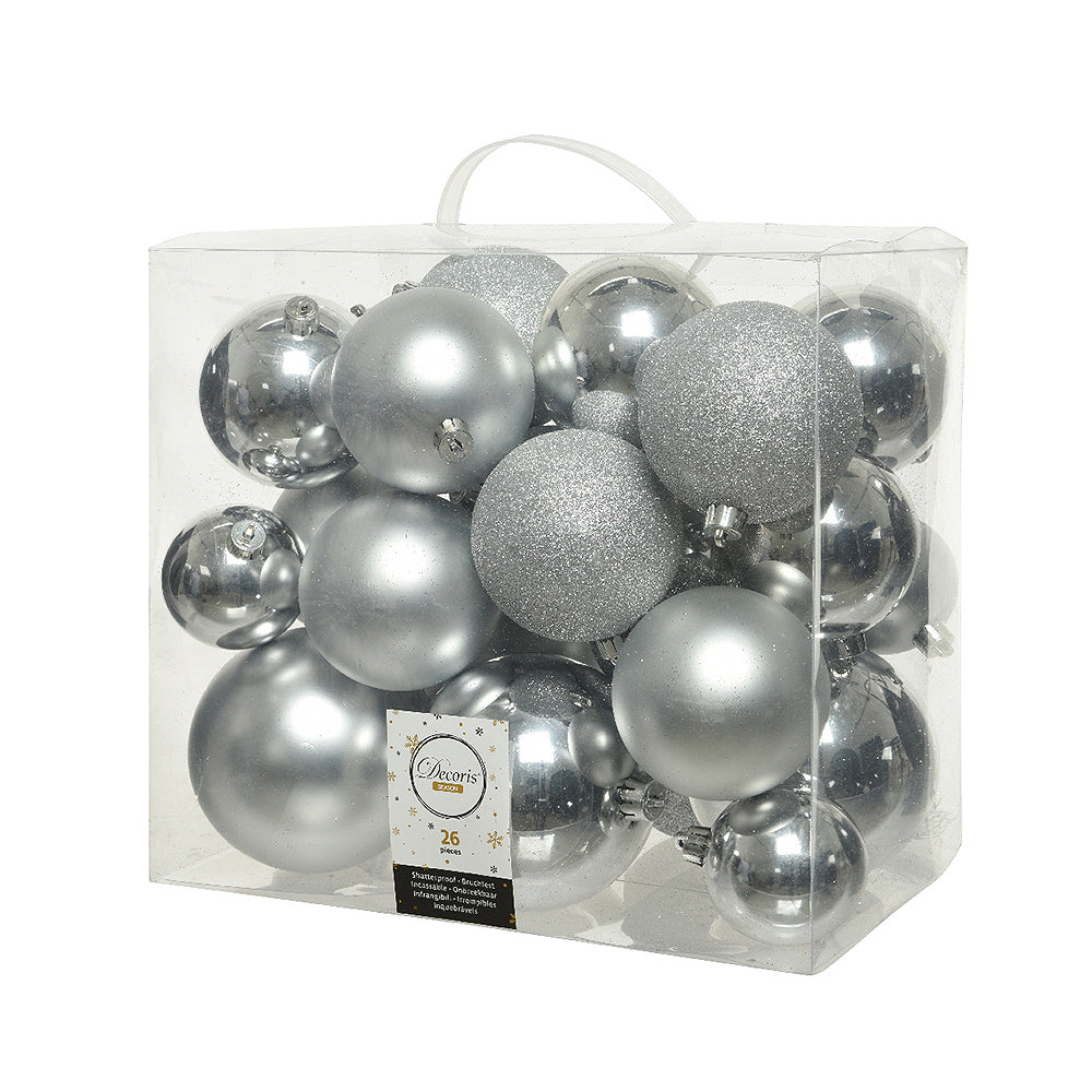 Shatterproof Silver Shiny Matt & Glittery Baubles | 26 Pieces | Assorted Sizes
