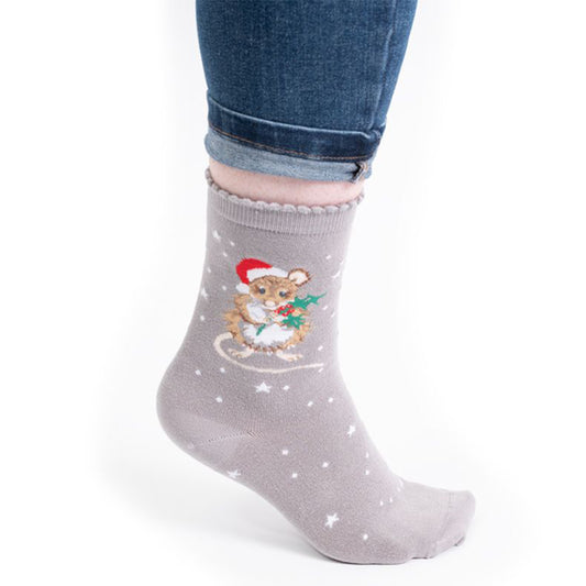 Christmas Mouse | Ladies Supersoft Bamboo Socks | One Size | Wrendale Designs