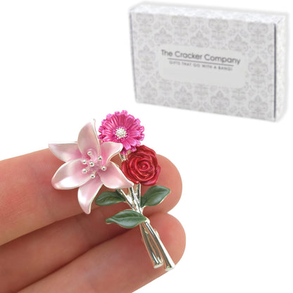 Lily, Gerbera & Rose Silver Plated Brooch | Ladies Little Gift | Cracker Filler