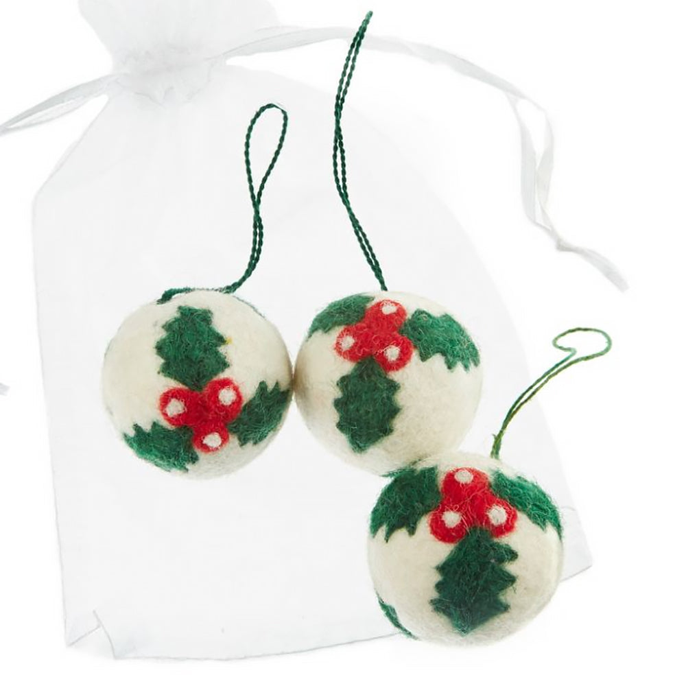 5cm Felt Holly Christmas Baubles - 3 Pack - Hanging Decoration - Fairtrade Felt