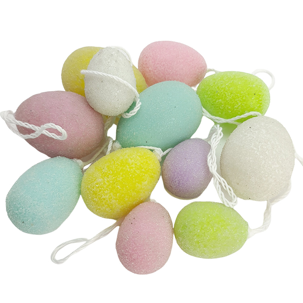 12 Mixed Size Pastel Sugar Effect Plastic Hanging Eggs for Easter Trees