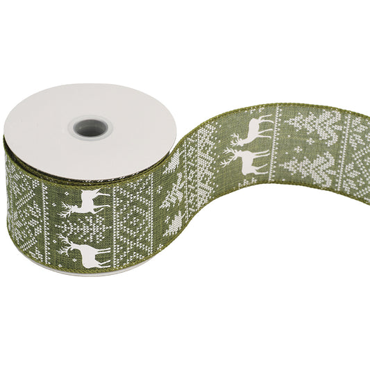 Moss Green Christmas Stag Ribbon | Wire Edged Hessian | 63mm x 9.1m