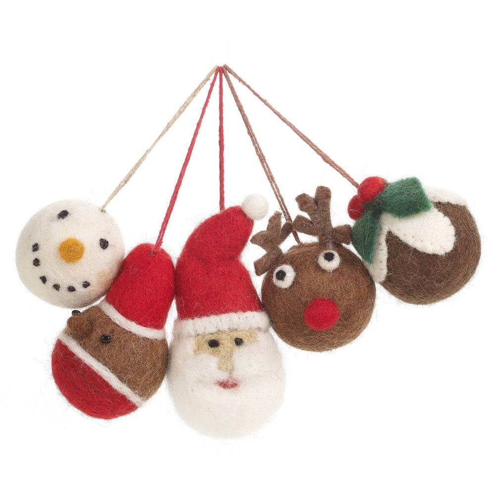 5 6cm Felt Christmas Character Baubles - Hanging Decorations - Fairtrade Felt