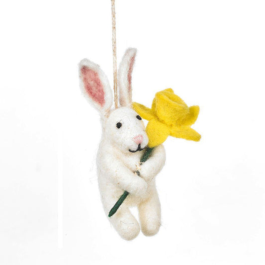 10cm Hand Felted Rabbit with Daffodil | Hanging Easter Tree Decoration - Fairtrade Felt
