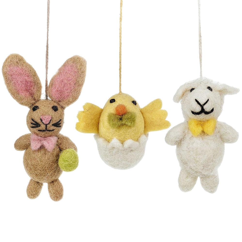 3 Felted Easter Characters | Bunny, Chick & Lamb | Hanging Easter Tree Decoration - Fairtrade Felt