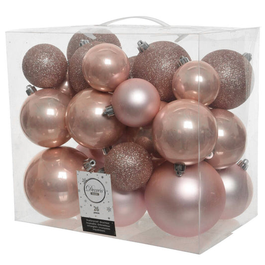 26 Piece Shatterproof Assorted Blush Pink Christmas Baubles | Sizes 6cm to 9cm