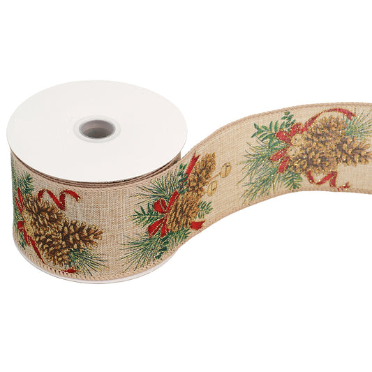 Christmas Pinecones Luxury Glittered Ribbon | Wire Edged | 63mm x 9.1m