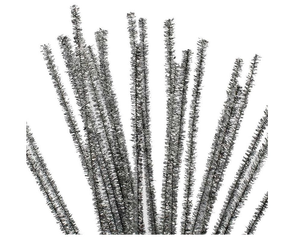 24 Metallic Silver 6mm Tinsel Pipe Cleaners | Glitter Pipecleaners