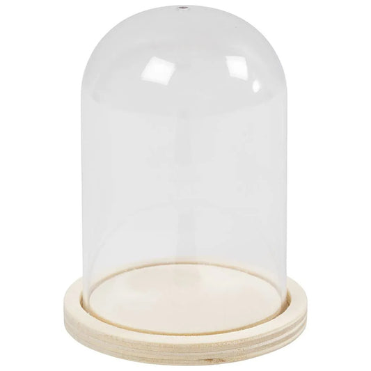 NEW - Small Hanging Clear Plastic Bell Jar with Wooden Base | 9cm Tall Cloche