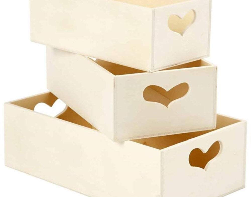 3 Wooden Small Crates with Heart Cut-Out Handles
