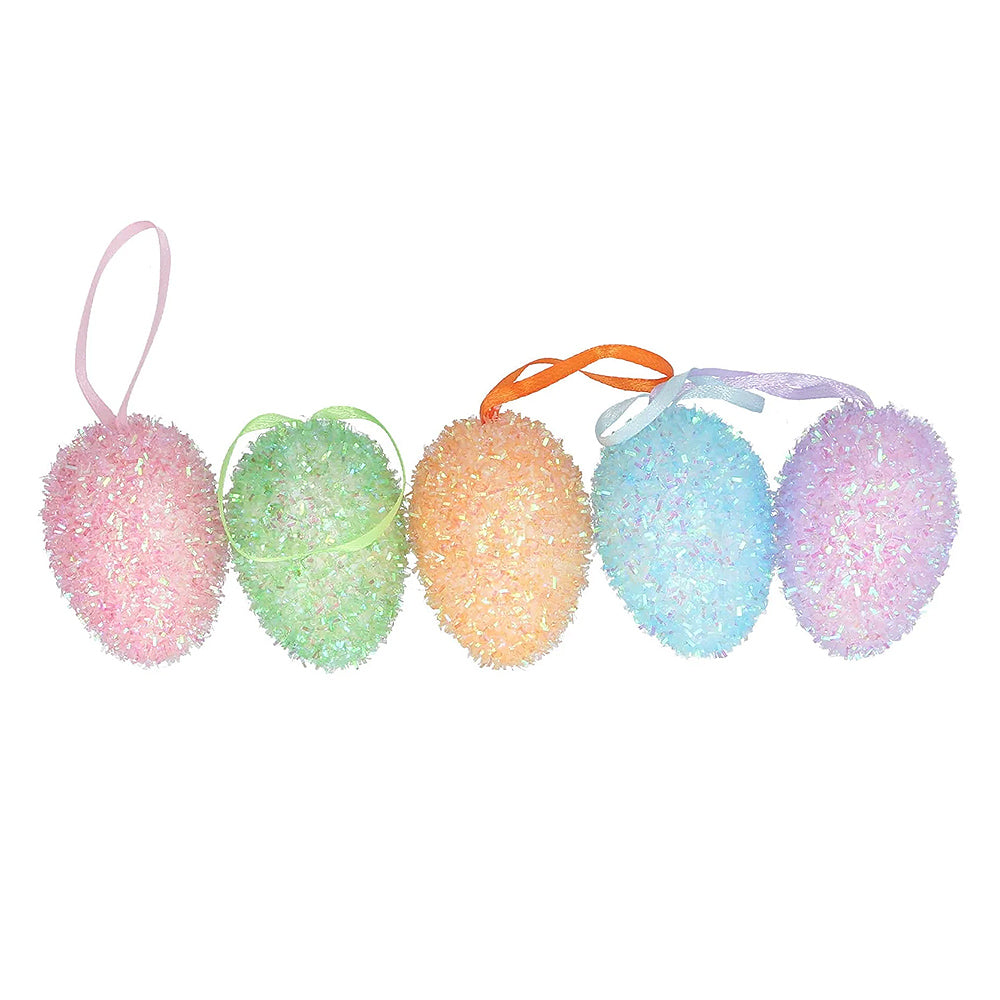 5 Pack 6cm Iridescent Pastel Tinsel Egg Shapes for Easter Tree Decoration