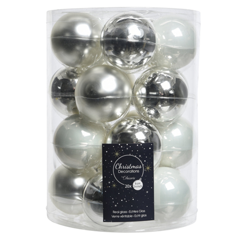 20 6cm Glass Shiny & Matt Christmas Baubles | Silver & White
