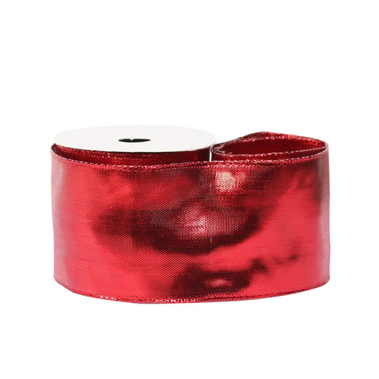 63mm x 9.1m Metallic Red Wired Edge Woven Ribbon for Christmas Crafts