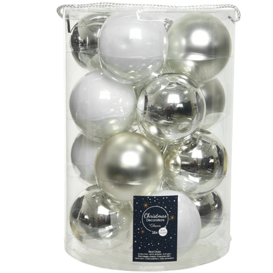 8cm Real Glass Silver & Pearl White Christmas Baubles | Box of 16