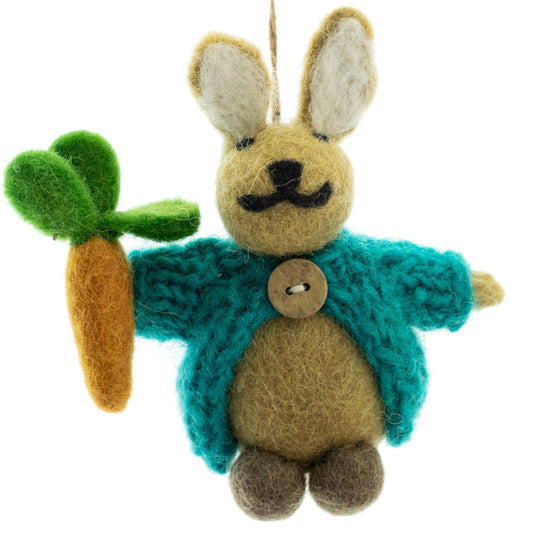 10cm Felted Rabbit in Cardigan | Is it Peter Rabbit? | Easter Tree Decoration - Fairtrade Felt