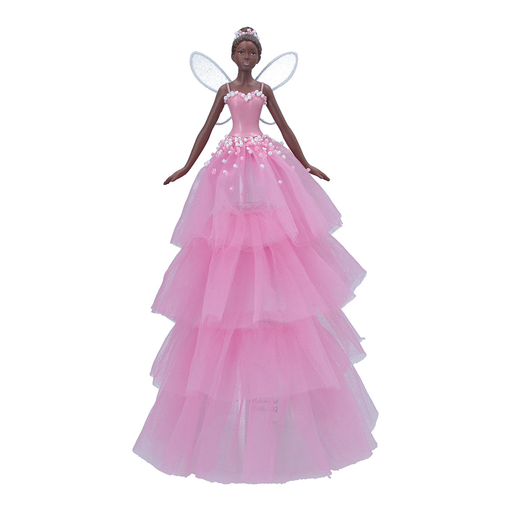 Black Skinned Fairy | Pink Dress | Gisela Graham Large Christmas Tree Topper | 28cm Tall