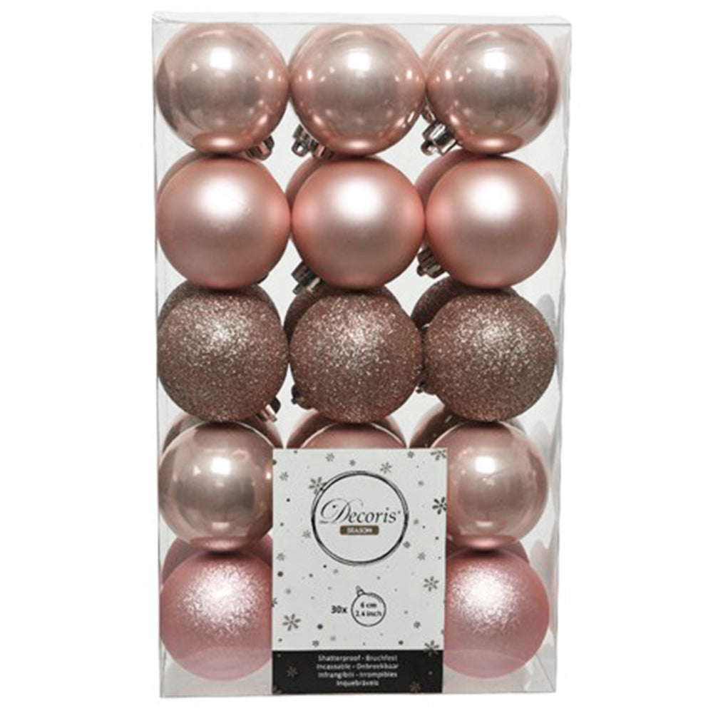 6cm Pale Pink Shatterproof Baubles 30 Pack | Christmas Tree Decorations