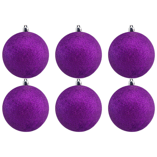 6Pk 10cm Purple Glitter Christmas Tree Baubles | Shatterproof Decorations