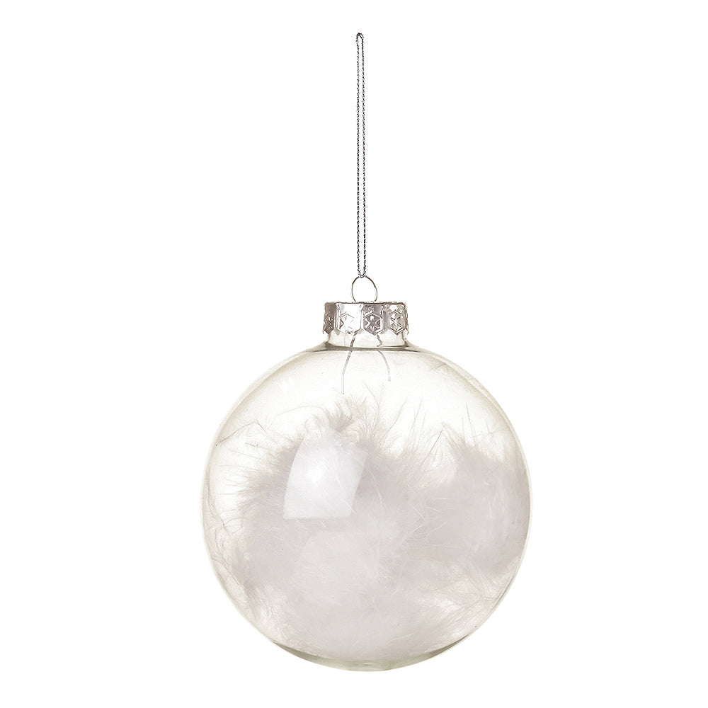 8cm Clear Glass Bauble with White Feathers | Christmas Tree Decoration | Remembrance